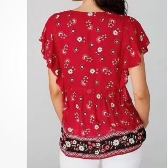 NWT J. Jill Ruffled Sleeve floral Top boho float sz 1x red black - Picture 3 of 9